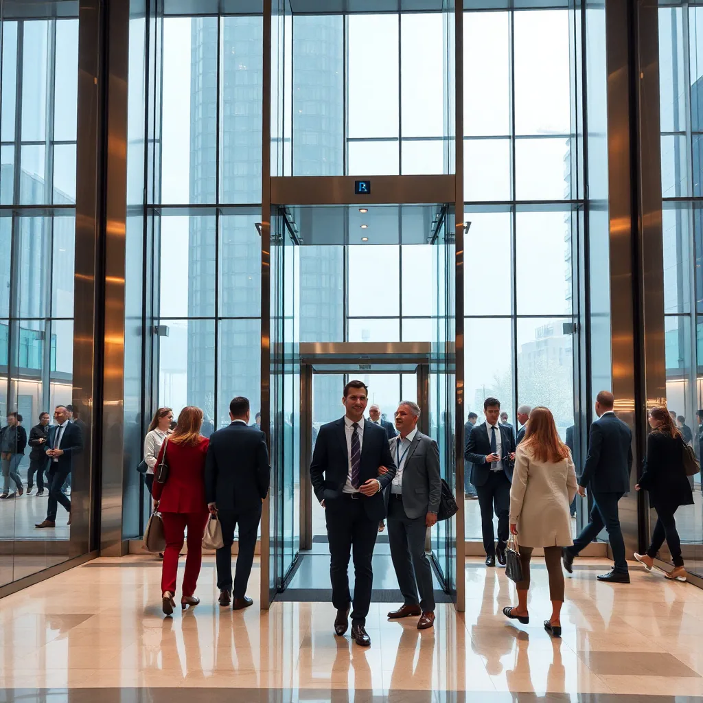 modern corporate office building elevator hall with professional business people, sleek glass design, high-traffic environment, contemporary architecture