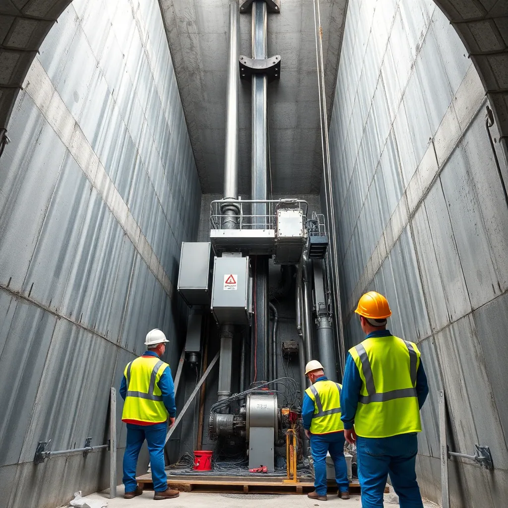 technicians installing elevator machinery in shaft, workers with safety equipment, construction site