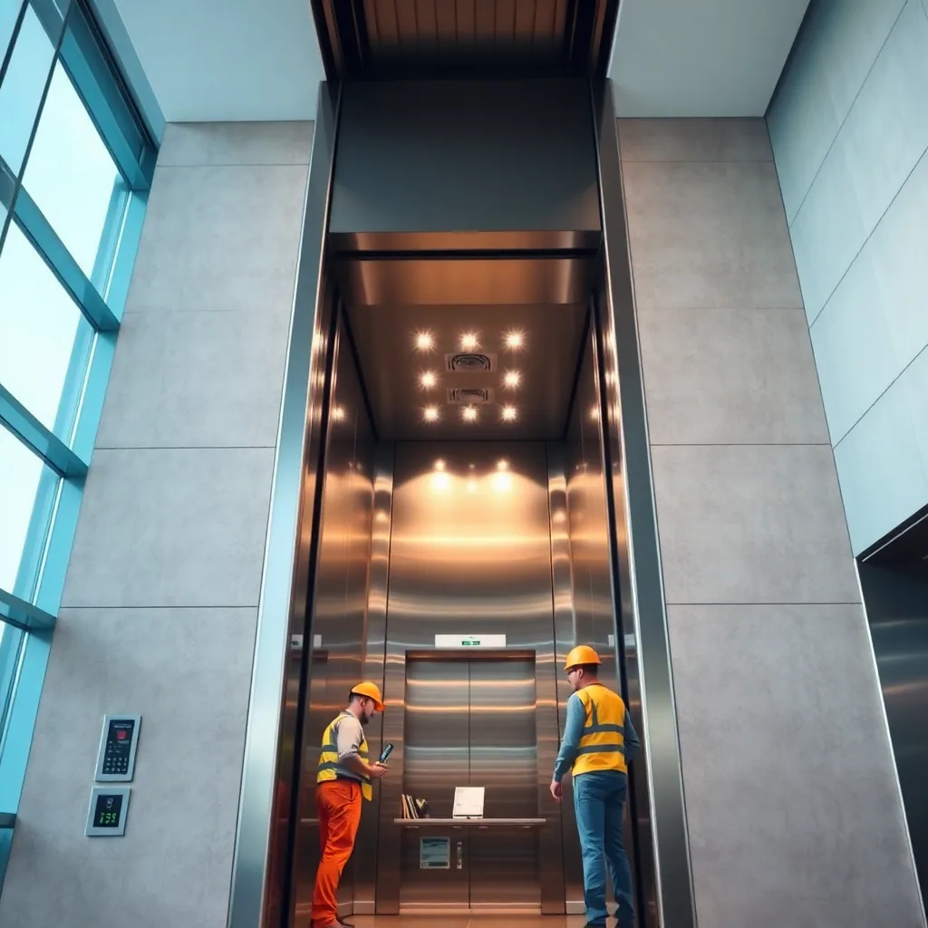 modern elevator installation in corporate building, Hungarian engineers working, clean professional lighting, high-end quality