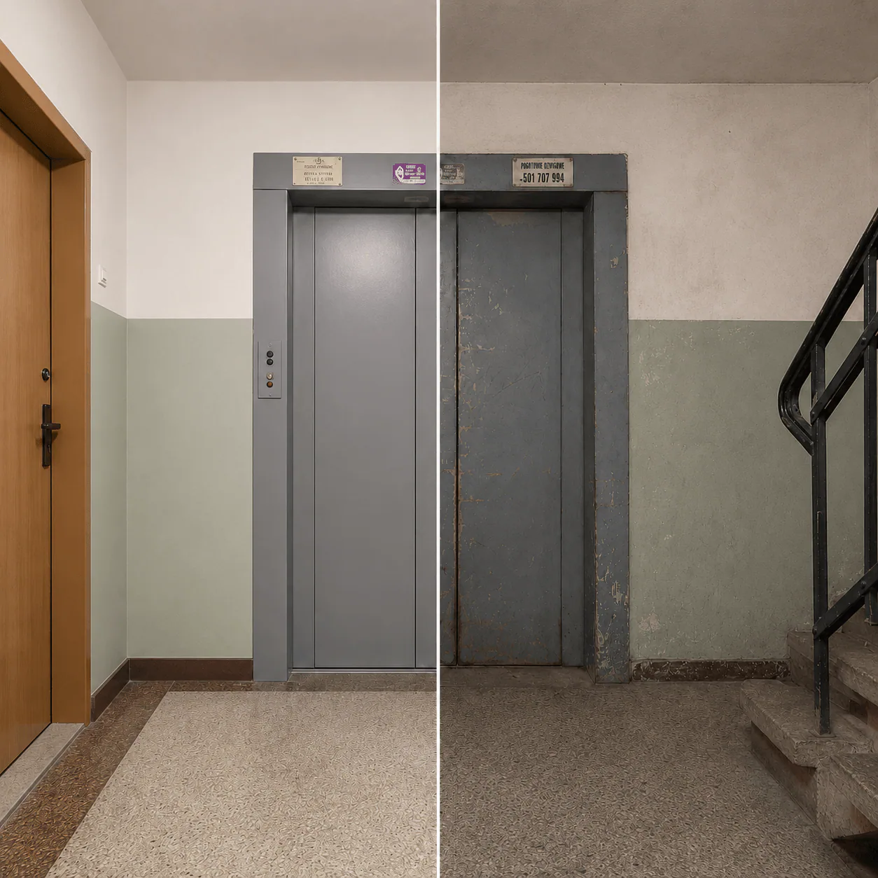 timeline visualization of elevator lifespan, aging process illustration, before and after comparison, industrial design