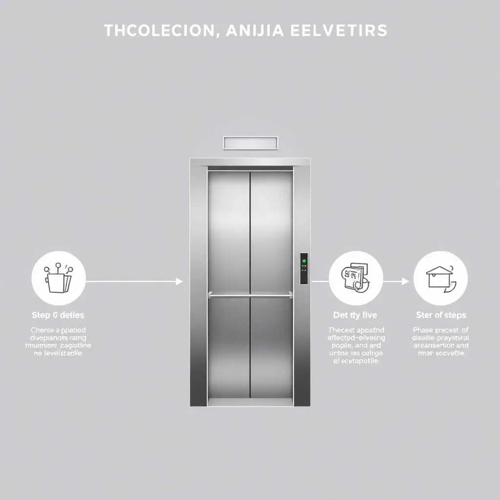 elevator modernization phases illustration, step by step upgrade process, technical diagram style, professional industrial design