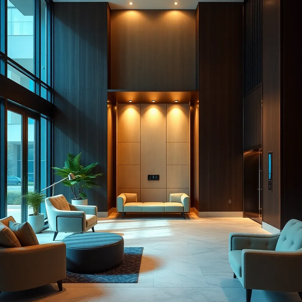 modern residential apartment building elevator lobby with elegant design, comfortable seating area, natural lighting, clean contemporary style