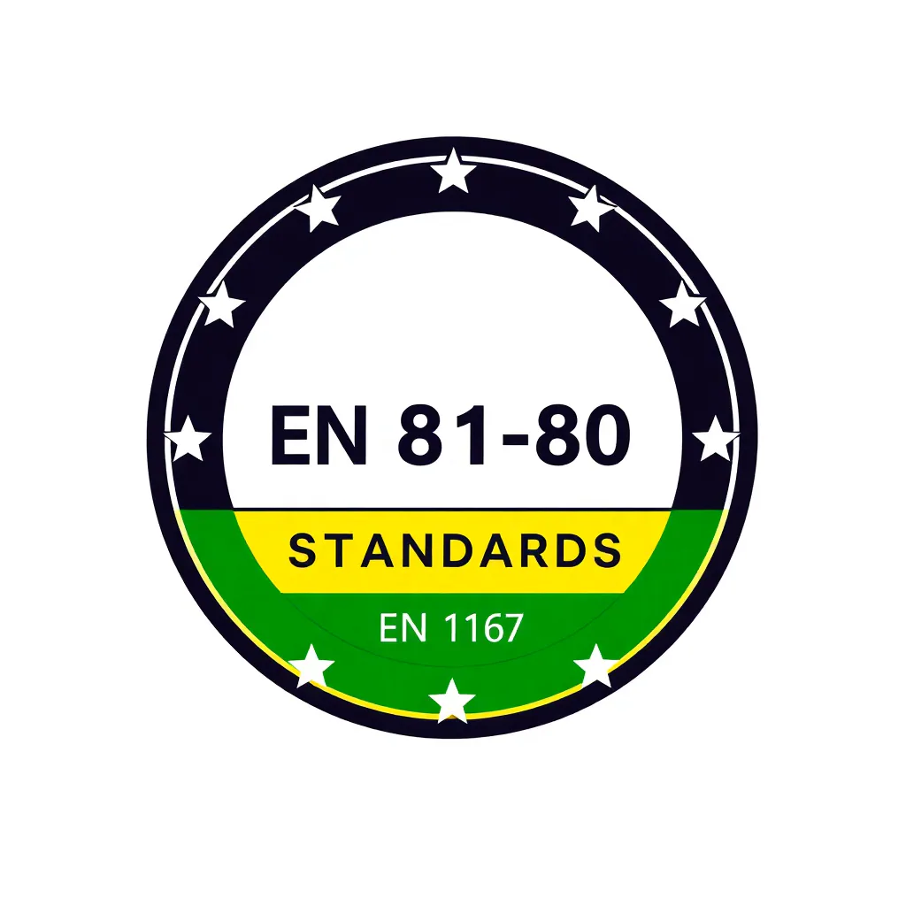 EU safety standards certification document, EN 81-80 compliance badge, professional safety inspection illustration, modern regulatory design