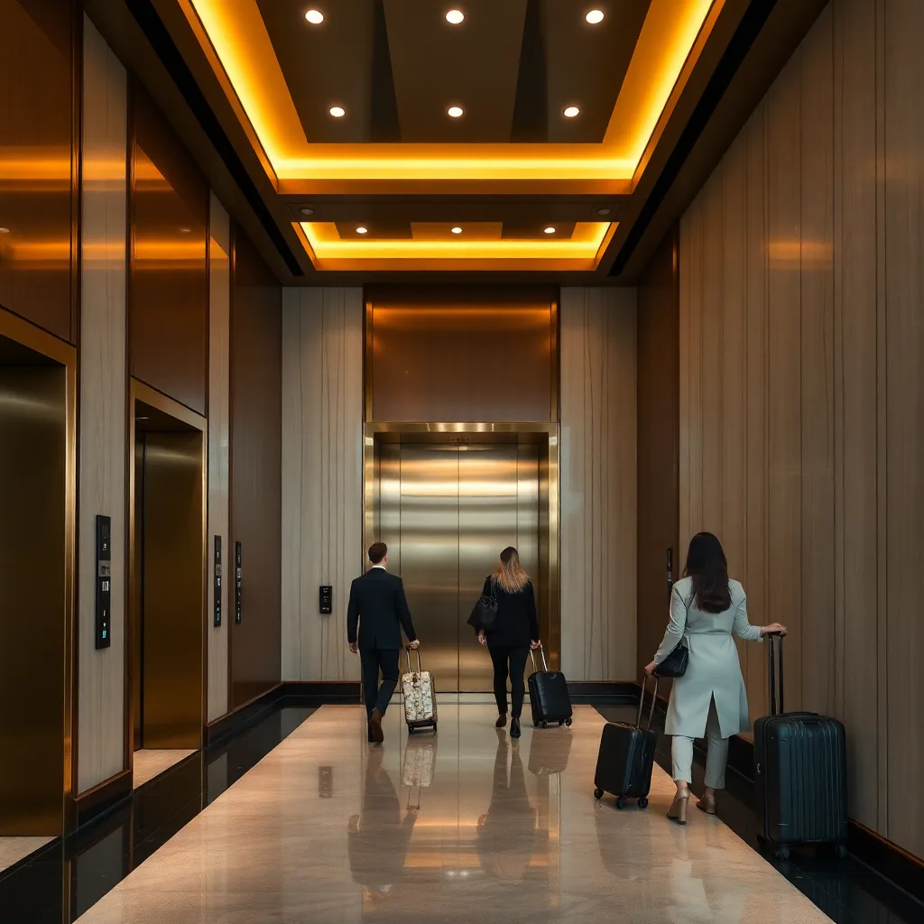 luxury hotel elevator lobby with elegant interior design, guests with luggage, premium hospitality environment, quiet sophisticated atmosphere