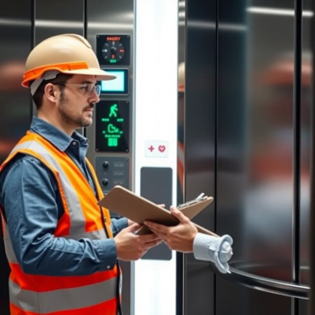engineer testing elevator control panel, safety inspection with clipboard, professional certification process