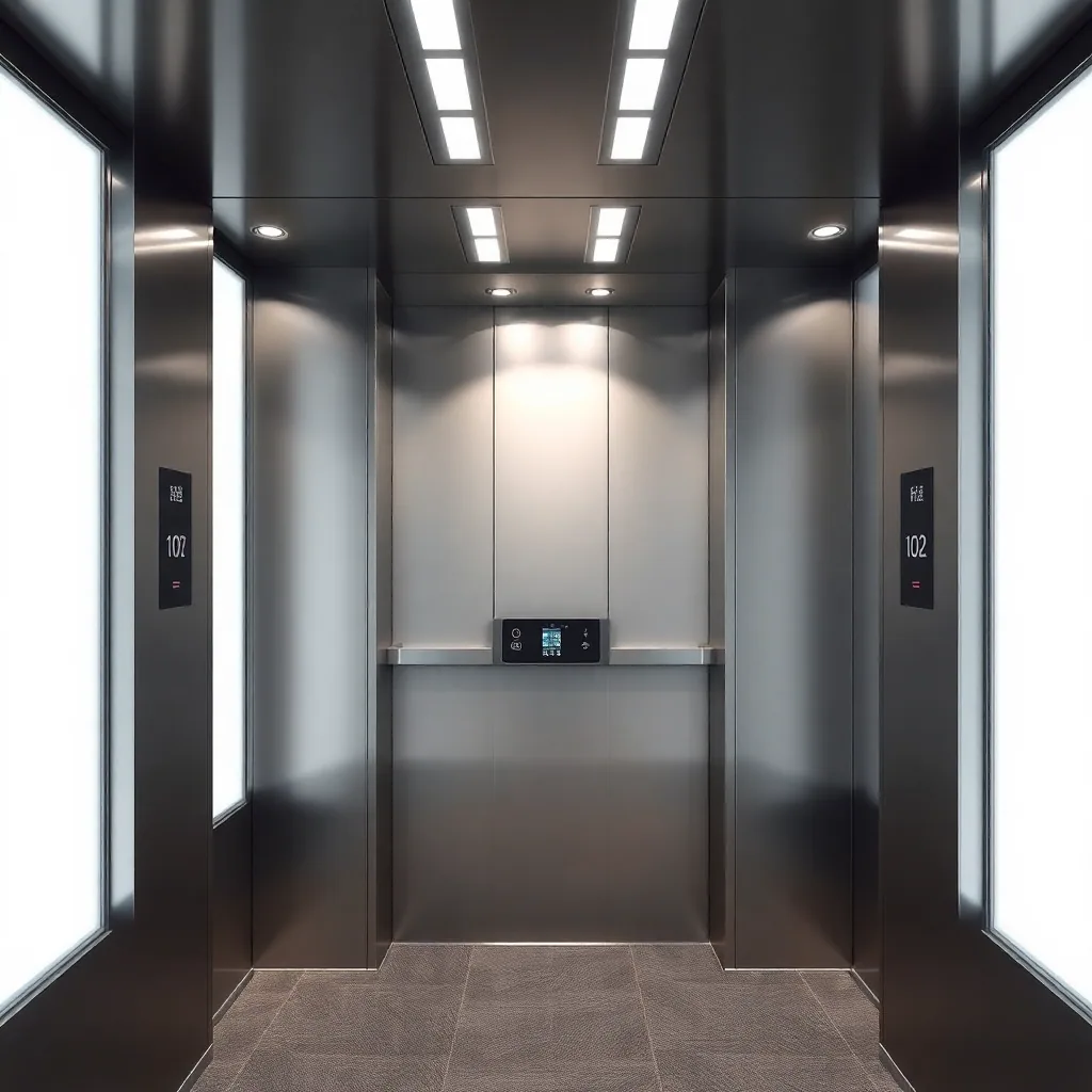 modern passenger elevator interior, sleek design, stainless steel, LED lighting, corporate style
