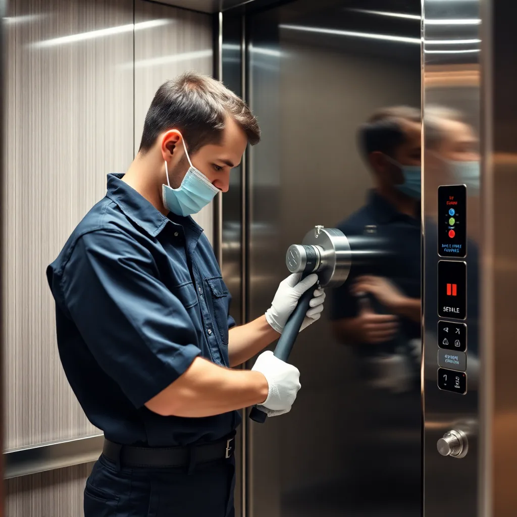 maintenance technician servicing elevator motor, professional tools, clean modern elevator machine room