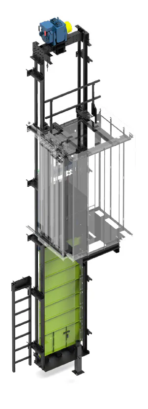 machine room less elevator system, modern hydraulic lift without machine room, compact design, technical cross-section view, professional engineering style