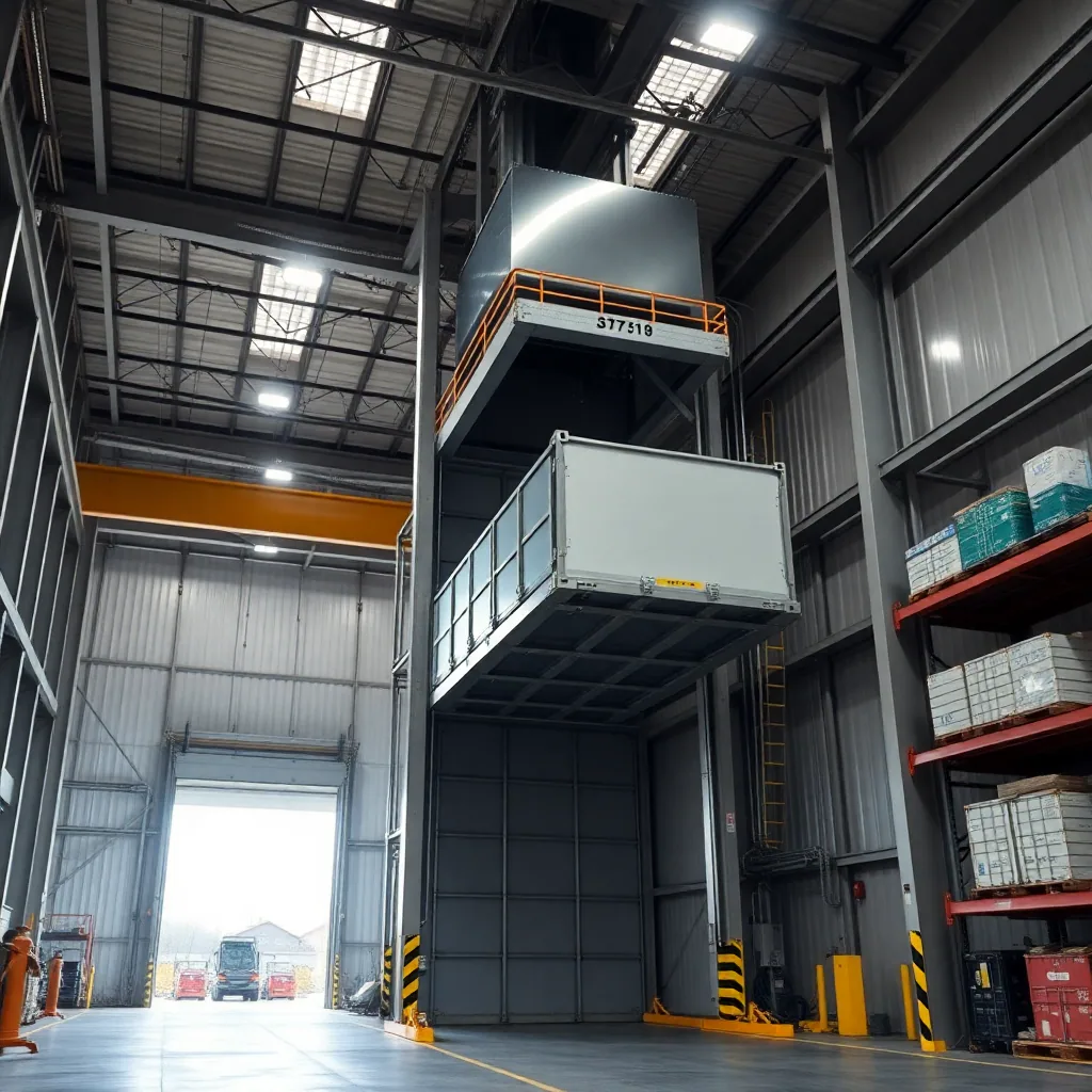 industrial warehouse logistics facility with heavy-duty freight elevator, large cargo lift system, industrial environment, safety equipment