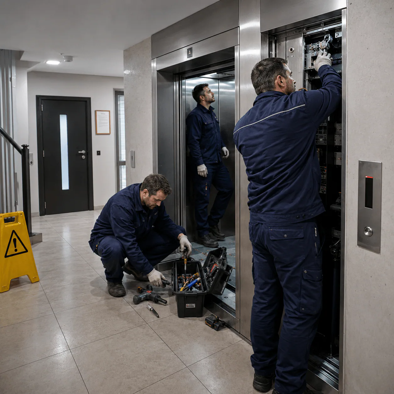 Civislift szakemberek felvonó karbantartása közben