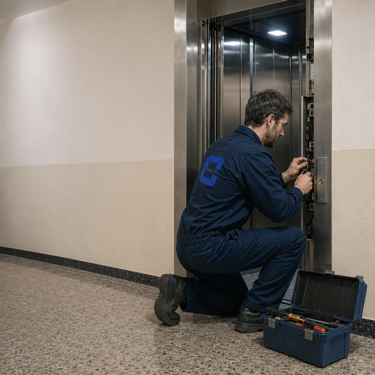 Civislift szakember felvonó karbantartása közben